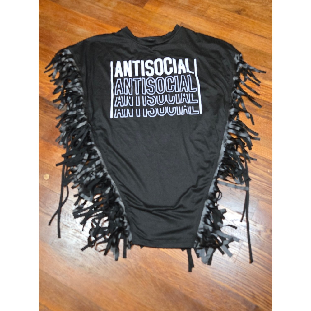 Touch Me Antisocial Graphic Fringe Top Black Sleeveless Faux Leather Trim XL